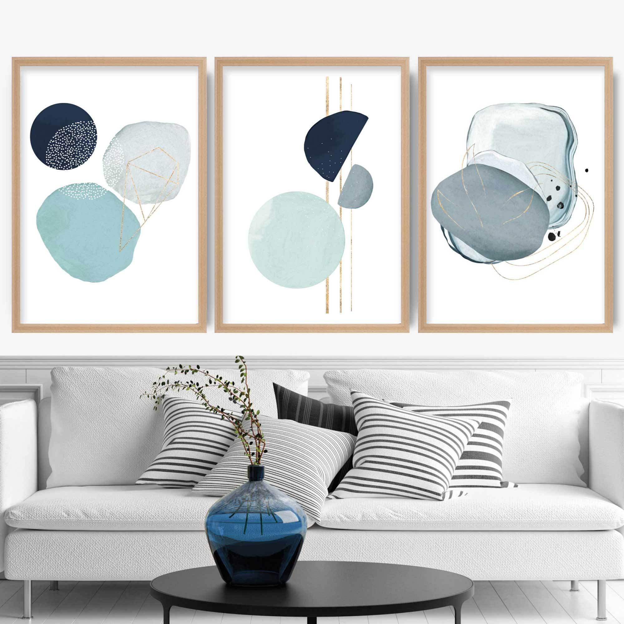 Abstract Winter Mood Aqua, Navy, Gold Art Prints