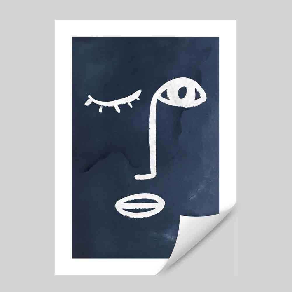 Navy and White Abstract Faces Wall Art Print 01