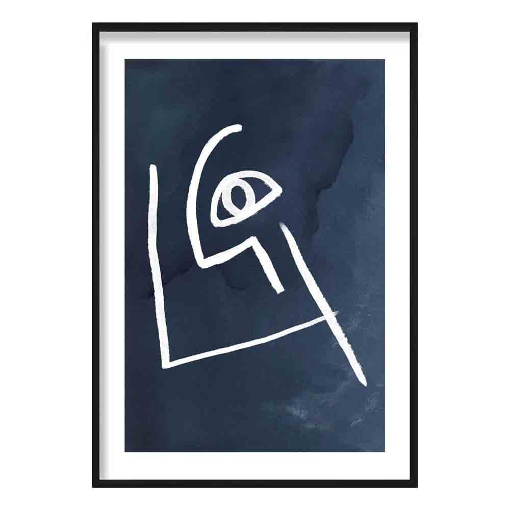 Navy and White Abstract Faces Wall Art Print 02