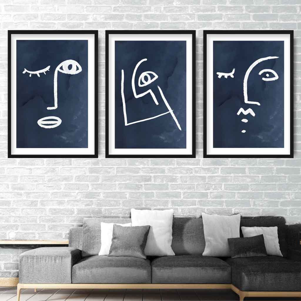 Set of 3 Navy and White Abstract Faces Wall Art Prints