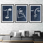 Set of 3 Navy and White Abstract Faces Wall Art Prints