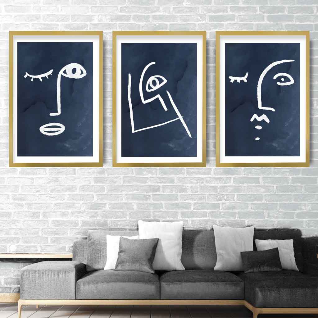 Set of 3 Navy and White Abstract Faces Wall Art Prints