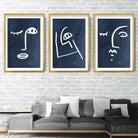 Set of 3 Navy and White Abstract Faces Wall Art Prints