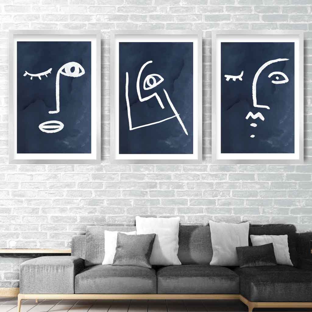 Set of 3 Navy and White Abstract Faces Wall Art Prints