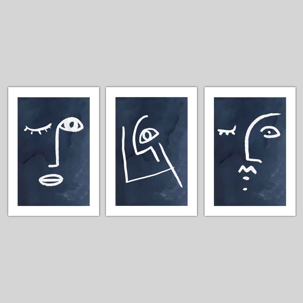 Set of 3 Navy and White Abstract Faces Wall Art Prints