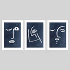 Set of 3 Navy and White Abstract Faces Wall Art Prints