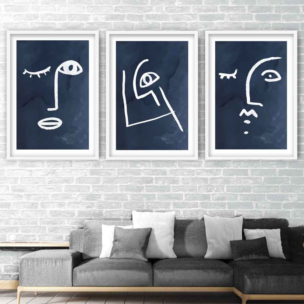 Set of 3 Navy and White Abstract Faces Wall Art Prints
