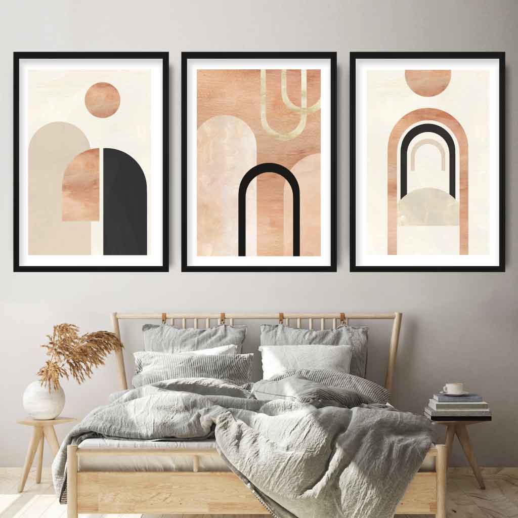 Geometric Graphical Arches Black and Beige Set of 3 Wall Art Prints