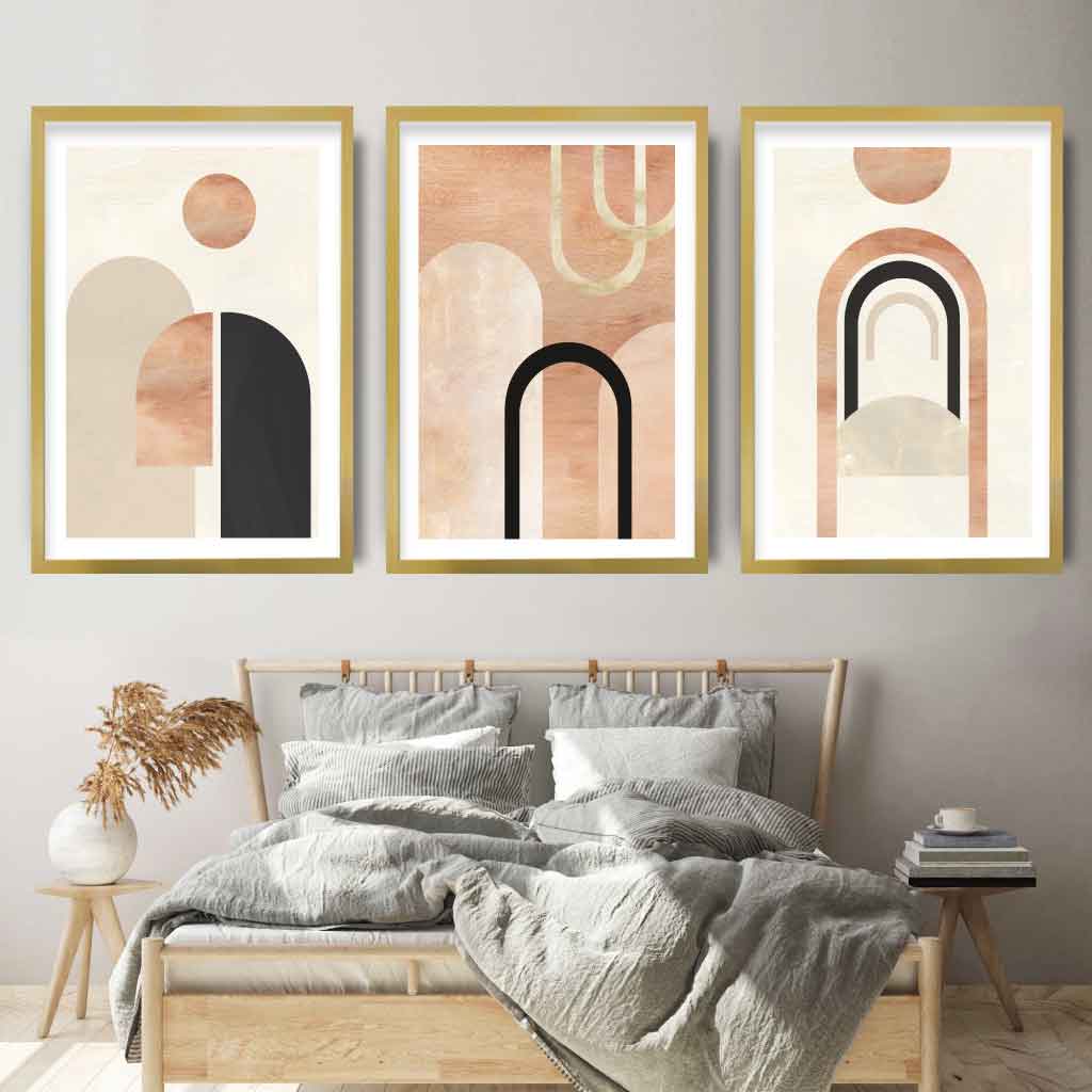 Geometric Graphical Arches Black and Beige Set of 3 Wall Art Prints