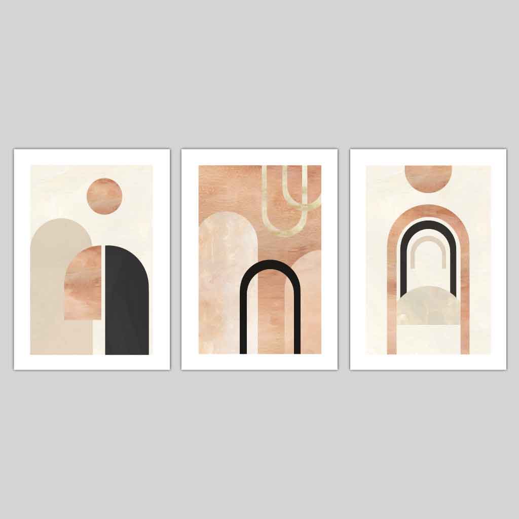 Geometric Graphical Arches Black and Beige Set of 3 Wall Art Prints