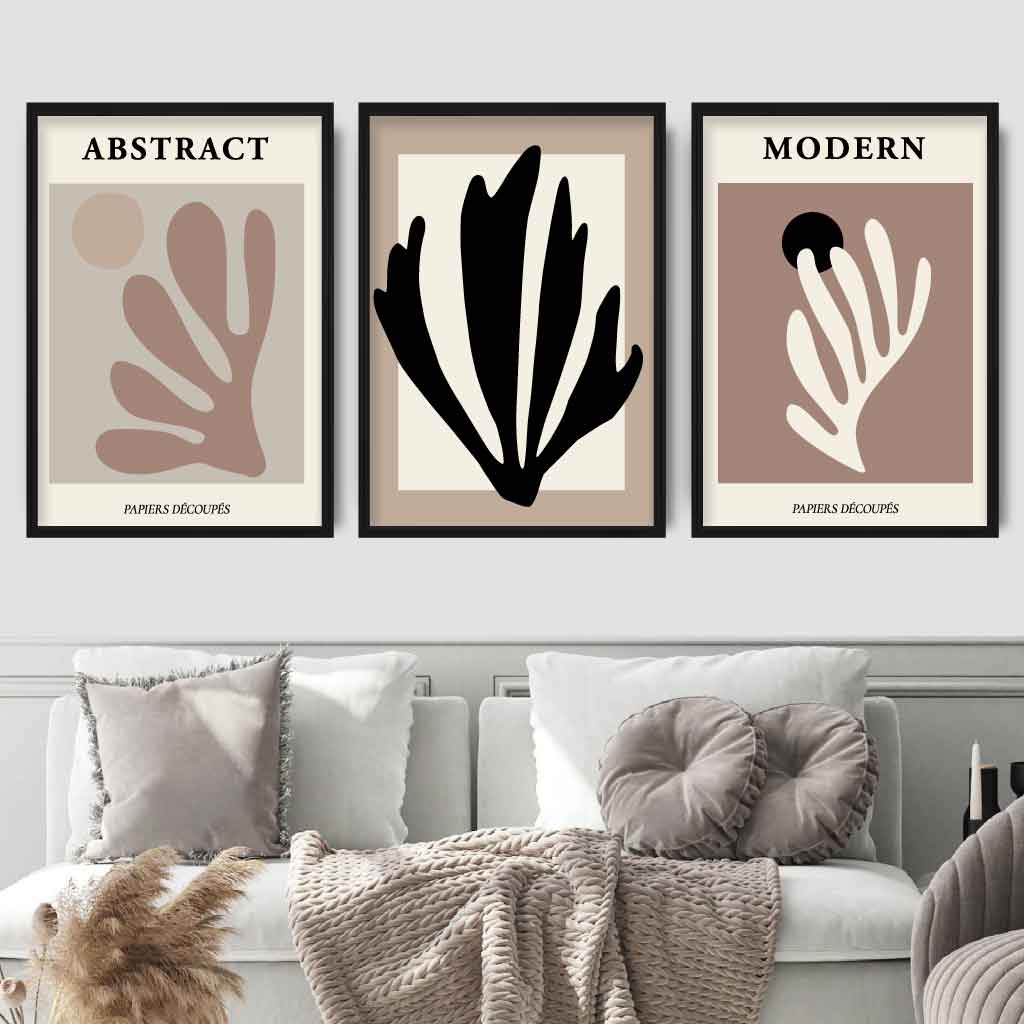 Abstract Modern Matisse Style Black, Beige Set of 3 Wall Art Prints