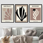 Abstract Modern Matisse Style Black, Beige Set of 3 Wall Art Prints