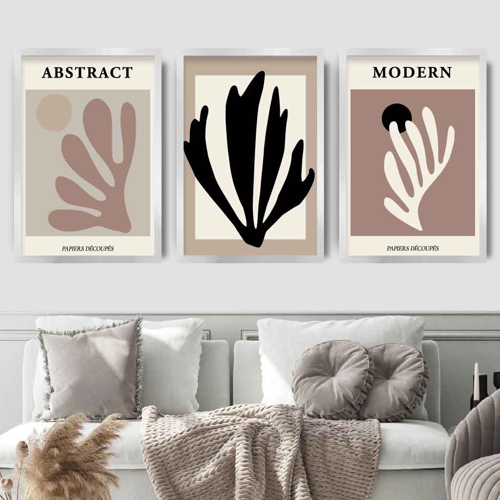 Abstract Modern Matisse Style Black, Beige Set of 3 Wall Art Prints