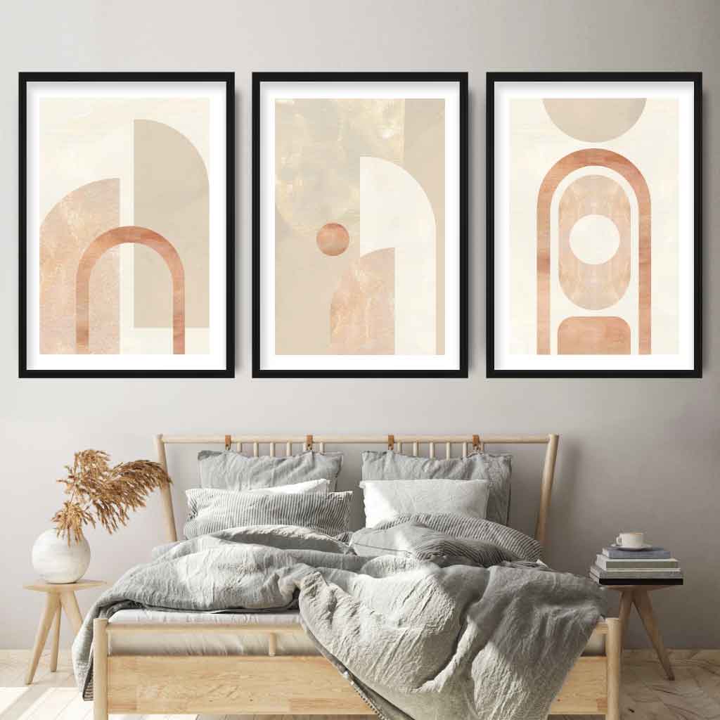 Geometric Line Art White and Beige 3 Piece Wall Art Prints