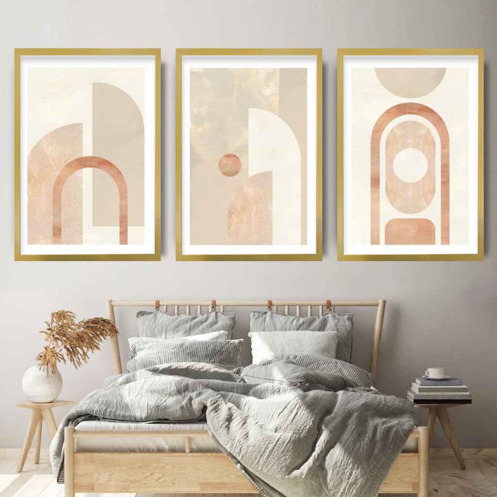 Geometric Line Art White and Beige 3 Piece Wall Art Prints