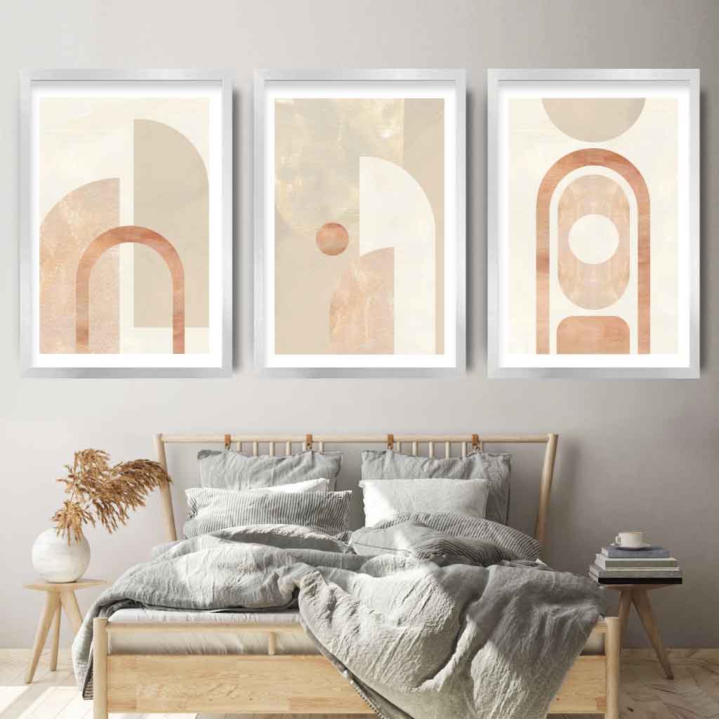 Geometric Line Art White and Beige 3 Piece Wall Art Prints