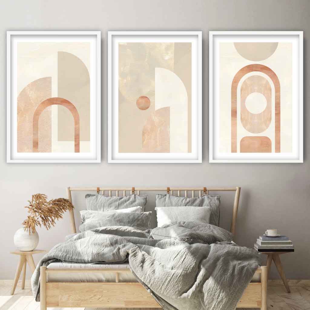 Geometric Line Art White and Beige 3 Piece Wall Art Prints