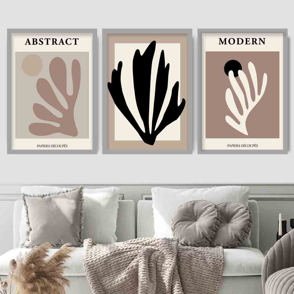 Abstract Modern Matisse Style Black, Beige Set of 3 Wall Art Prints