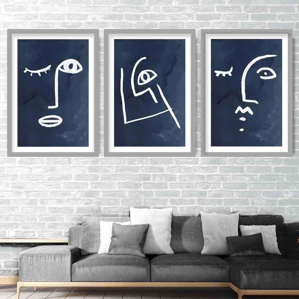 Set of 3 Navy and White Abstract Faces Wall Art Prints