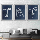 Set of 3 Navy and White Abstract Faces Wall Art Prints