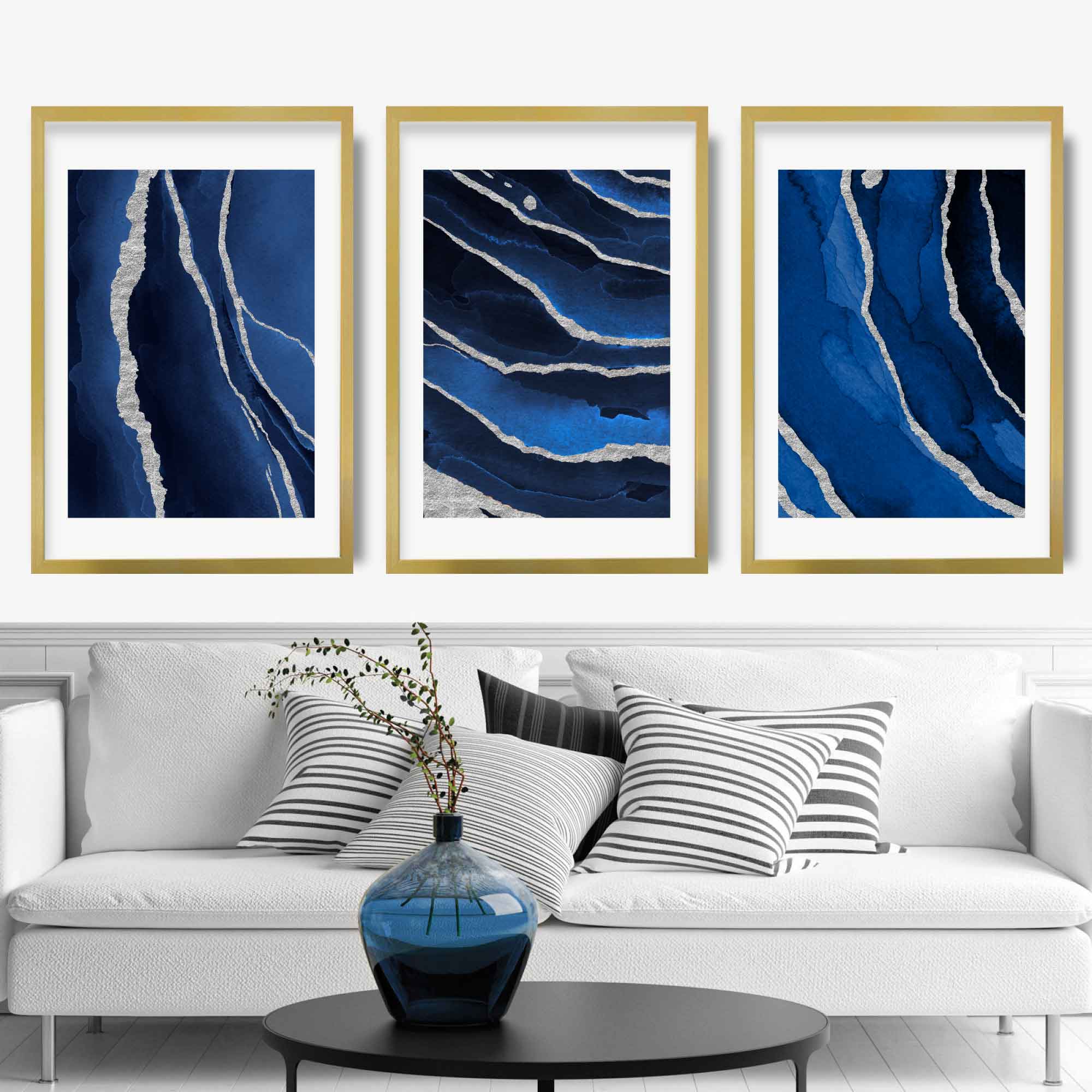 Framed Set of 3 Navy and Silver Abstract Art Prints | Artze Wall Art UK