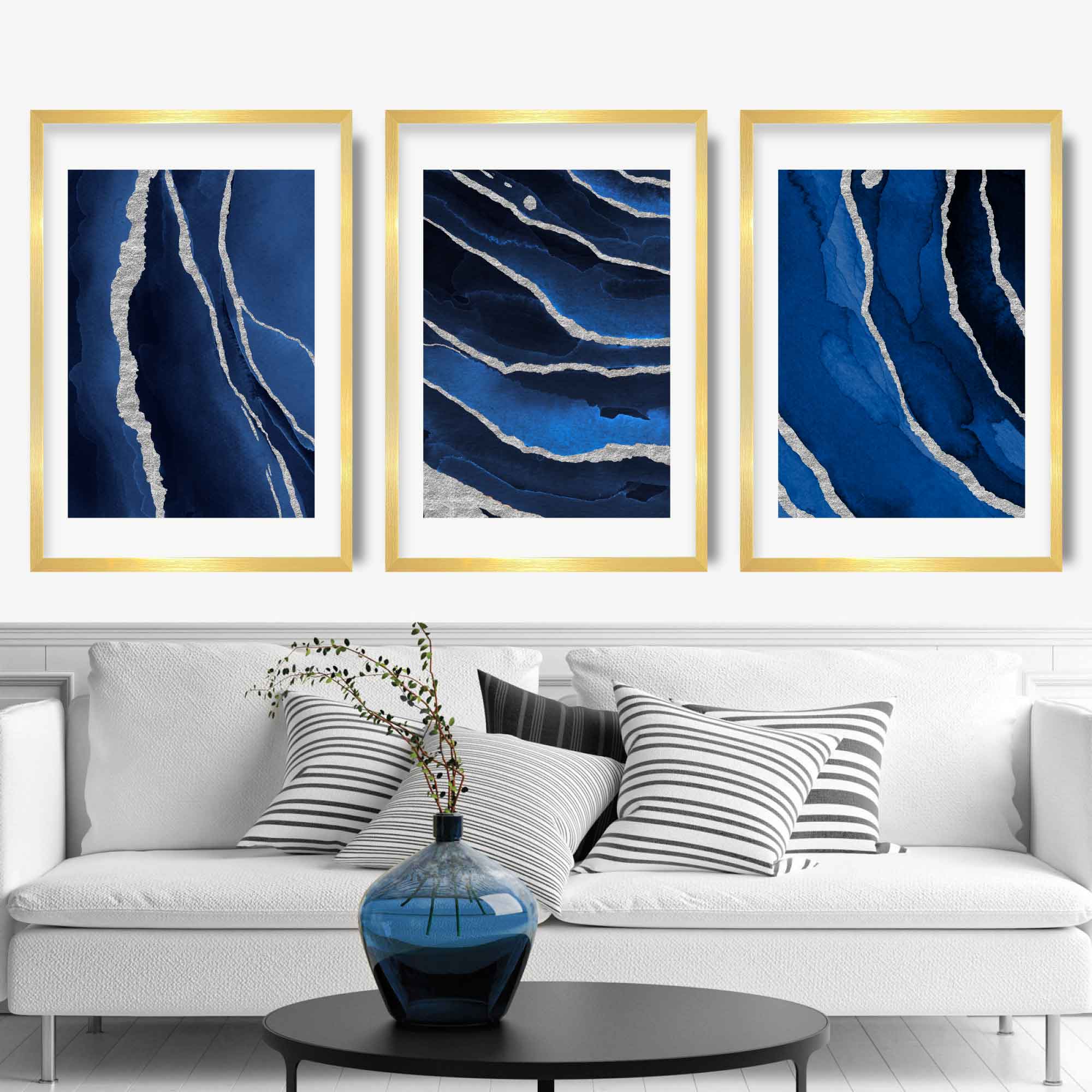 Framed Set of 3 Navy and Silver Abstract Art Prints | Artze Wall Art UK