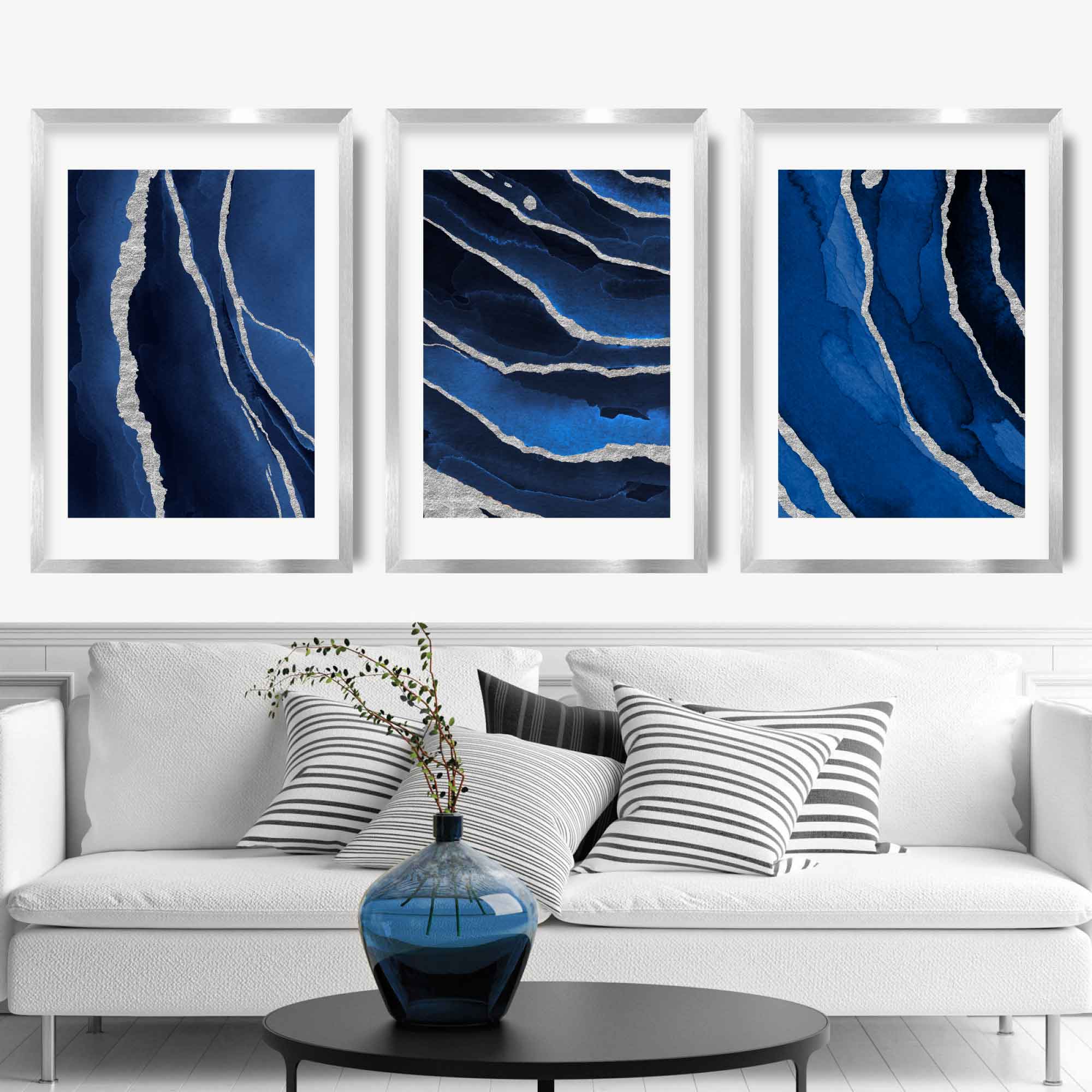 Framed Set of 3 Navy and Silver Abstract Art Prints | Artze Wall Art UK