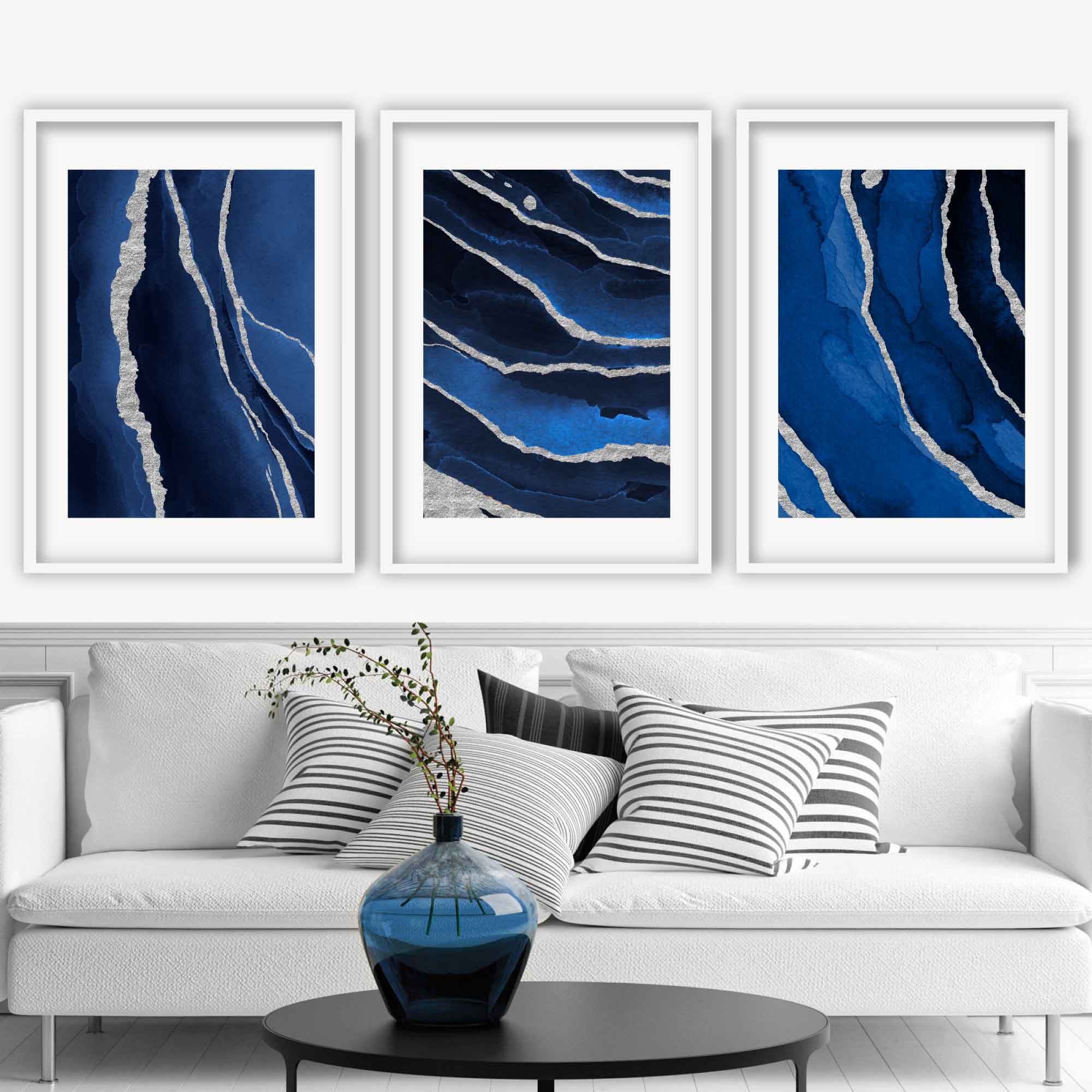 Framed Set of 3 Navy and Silver Abstract Art Prints | Artze Wall Art UK