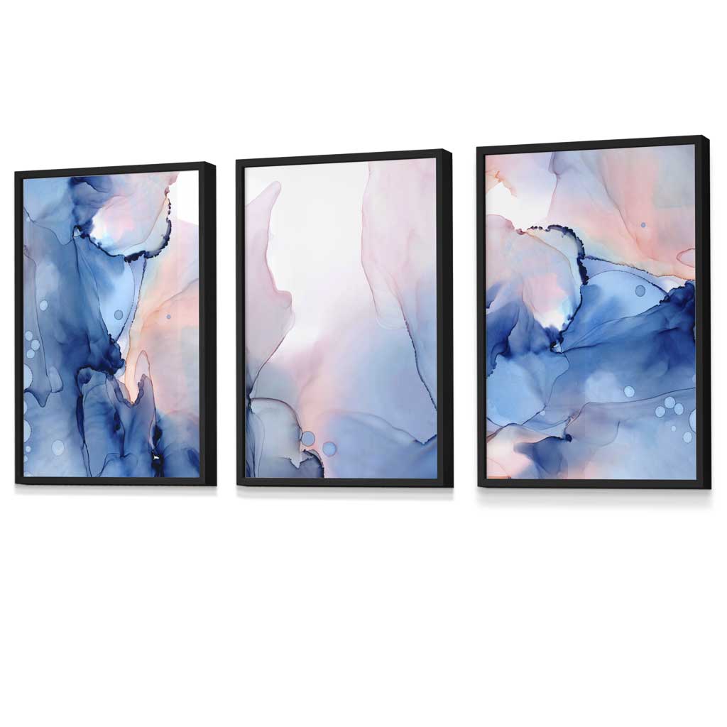 Set of 3 Blush Pink and Navy Blue Abstract Wall Art Prints / Framed | Artze Wall Art UK