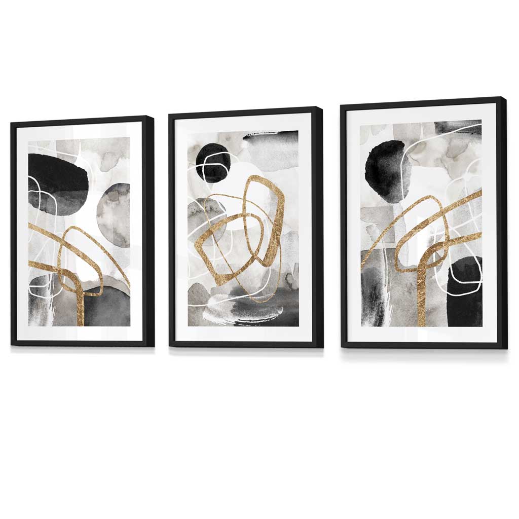 Abstract Black Grey & Gold Shapes Set of 3 Framed Wall Art Prints | Artze Wall Art UK