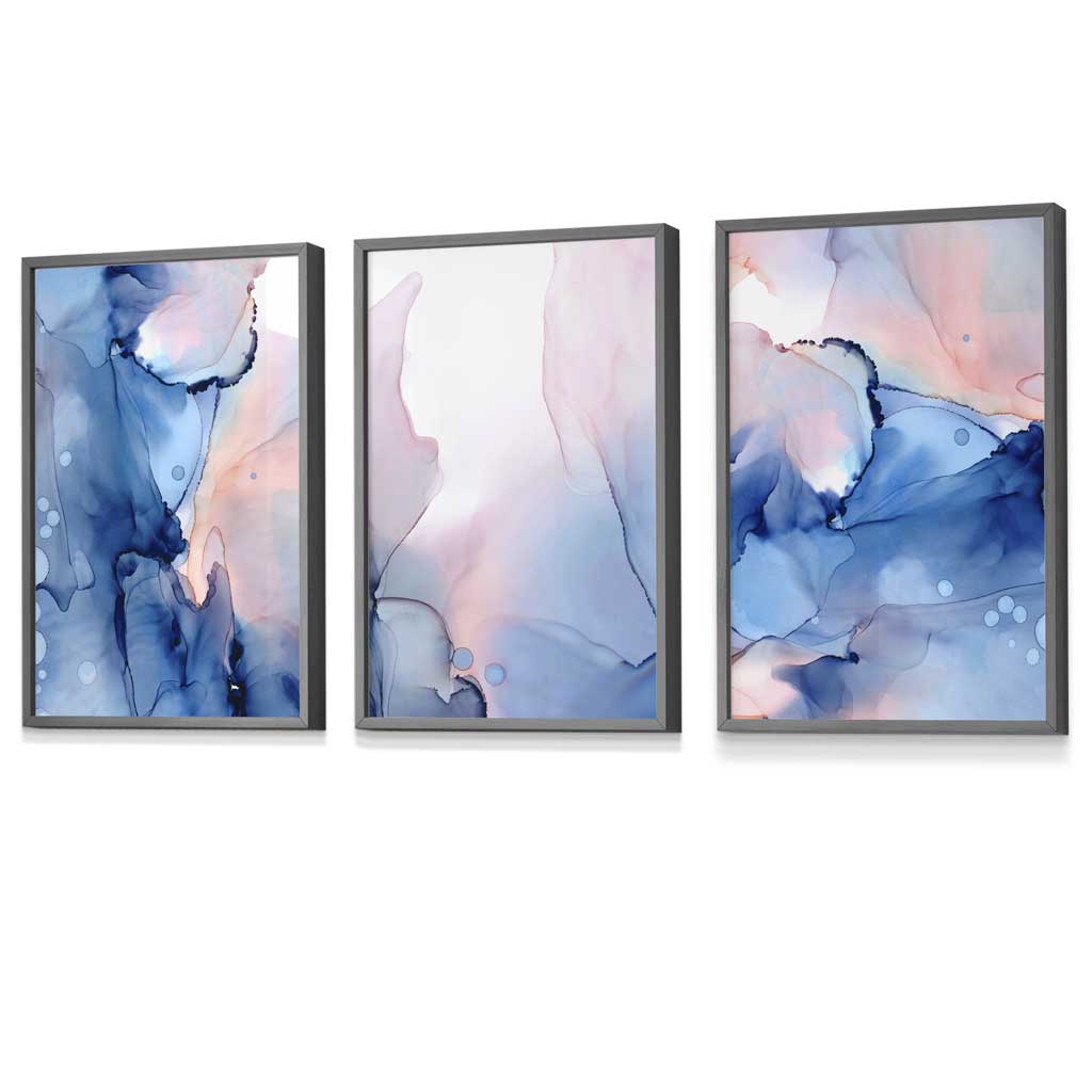 Set of 3 Blush Pink and Navy Blue Abstract Wall Art Prints / Framed | Artze Wall Art UK