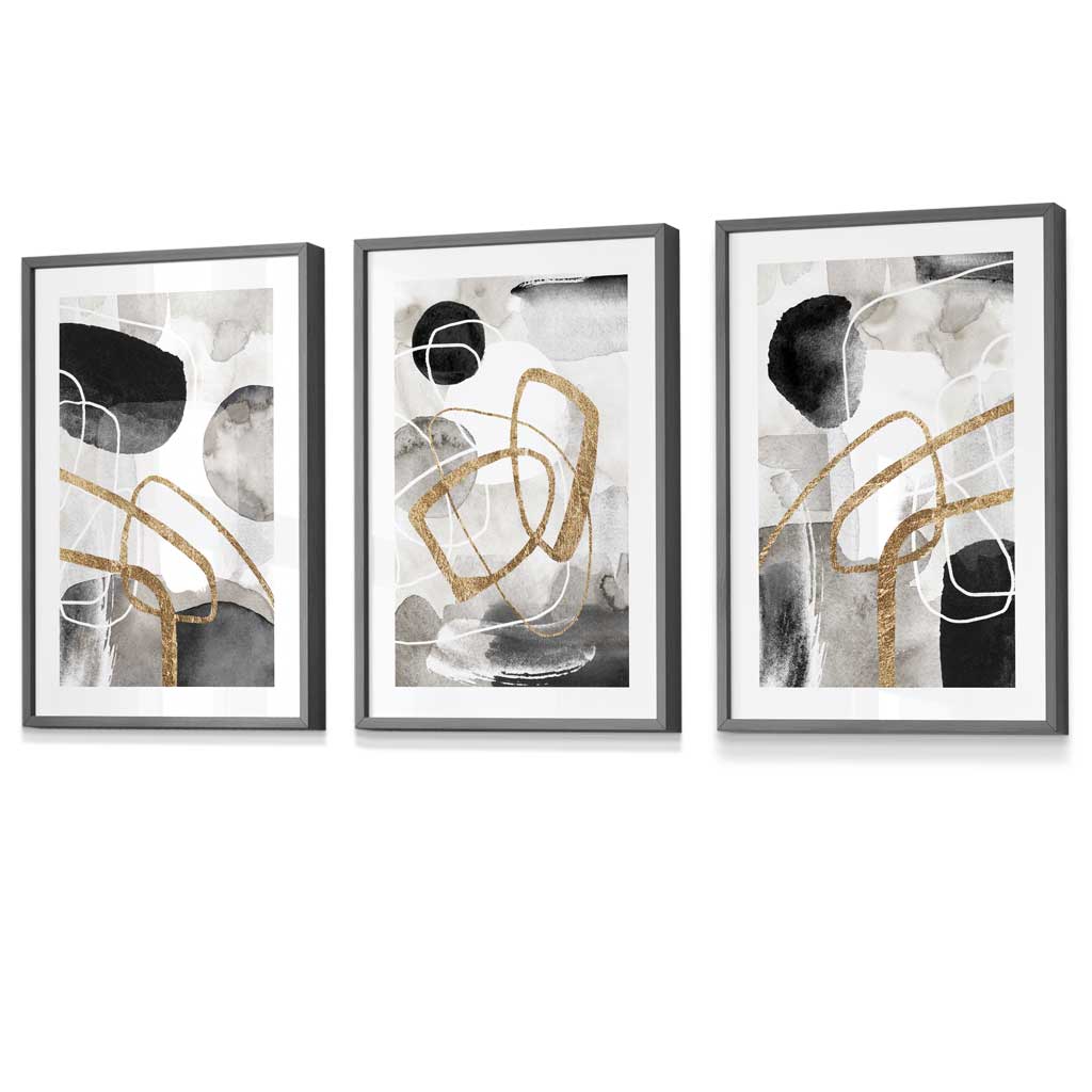 Abstract Black Grey & Gold Shapes Set of 3 Framed Wall Art Prints | Artze Wall Art UK