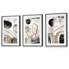 Abstract Black Grey & Gold Shapes Set of 3 Framed Wall Art Prints | Artze Wall Art UK