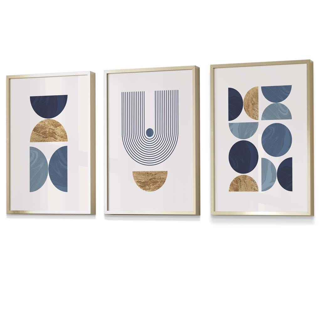 Mid Century Geometric Wall Art Prints / Framed in Blue and Gold | Artze Wall Art UK