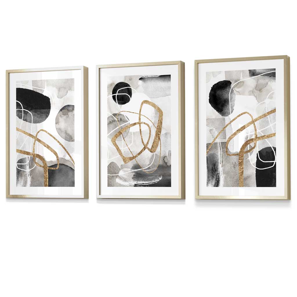 Abstract Black Grey & Gold Shapes Set of 3 Framed Wall Art Prints | Artze Wall Art UK