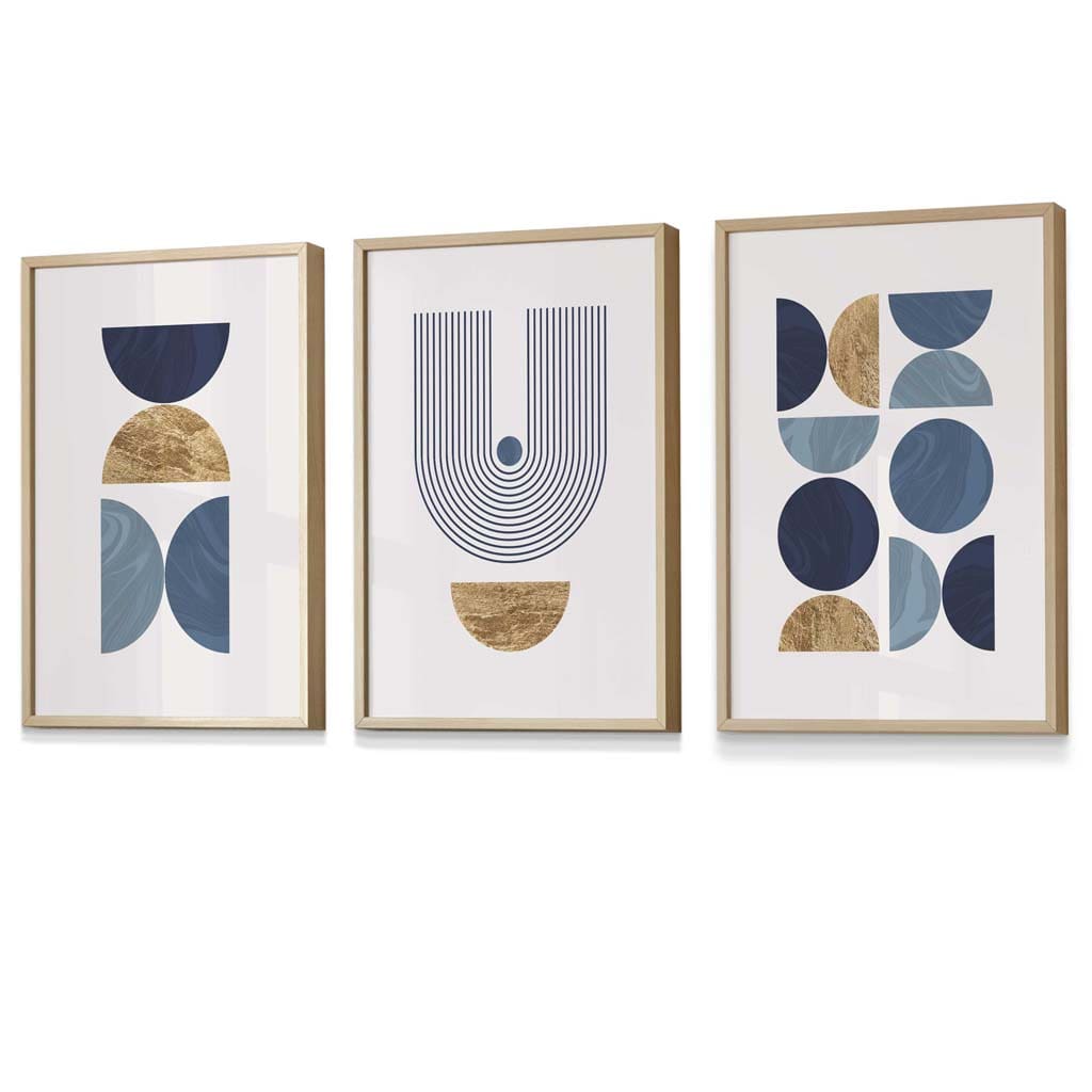 Mid Century Geometric Wall Art Prints / Framed in Blue and Gold | Artze Wall Art UK