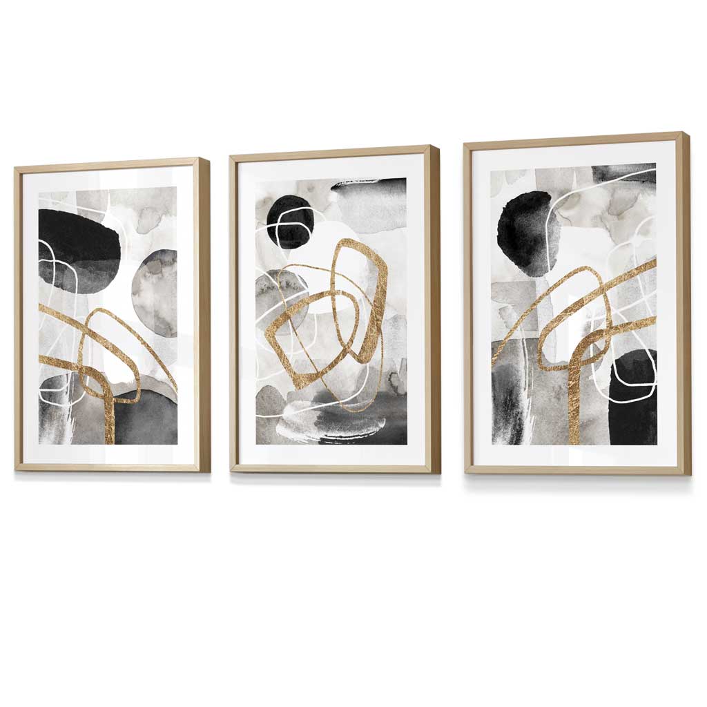 Abstract Black Grey & Gold Shapes Set of 3 Framed Wall Art Prints | Artze Wall Art UK