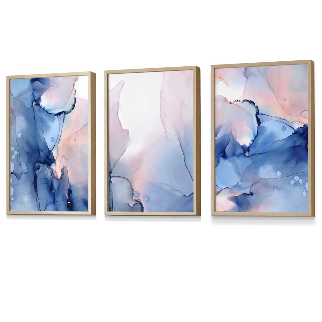 Set of 3 Blush Pink and Navy Blue Abstract Wall Art Prints / Framed | Artze Wall Art UK