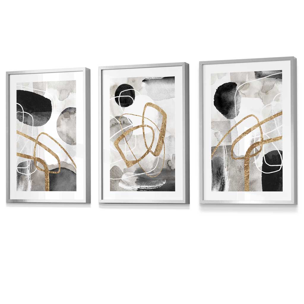 Abstract Black Grey & Gold Shapes Set of 3 Framed Wall Art Prints | Artze Wall Art UK