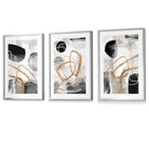 Abstract Black Grey & Gold Shapes Set of 3 Framed Wall Art Prints | Artze Wall Art UK