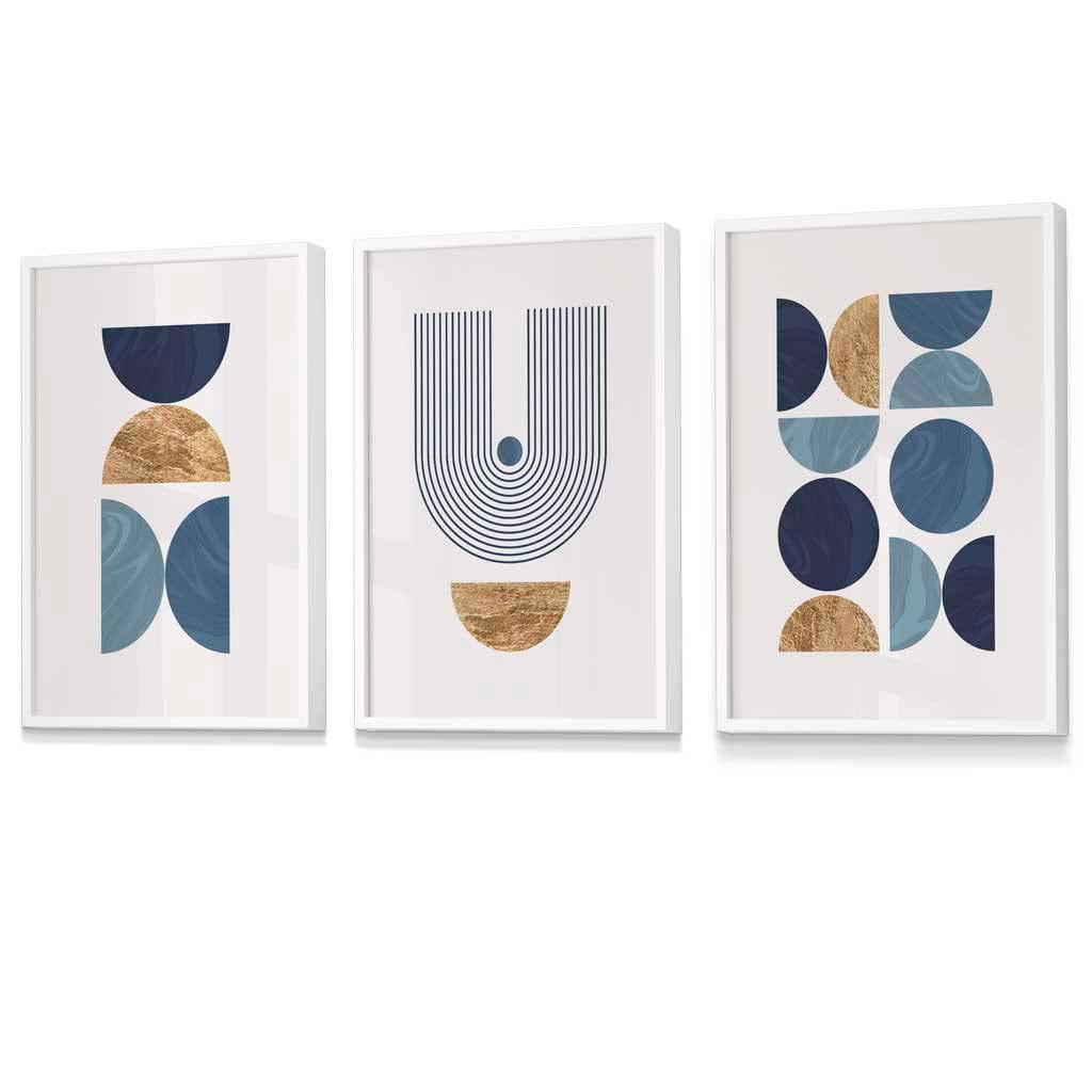 Mid Century Geometric Wall Art Prints / Framed in Blue and Gold | Artze Wall Art UK