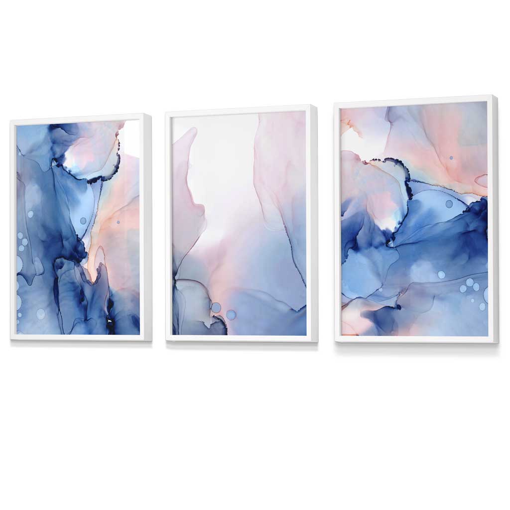 Set of 3 Blush Pink and Navy Blue Abstract Wall Art Prints / Framed | Artze Wall Art UK