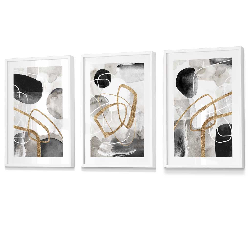 Abstract Black Grey & Gold Shapes Set of 3 Framed Wall Art Prints | Artze Wall Art UK