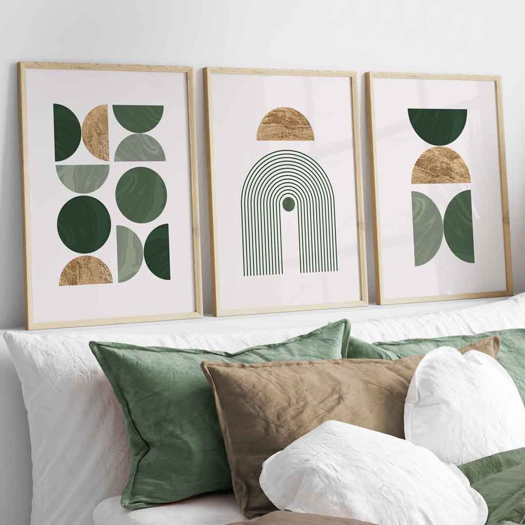 Set of 3 Geometric Wall Art Posters in Green and Gold