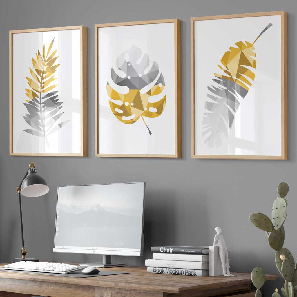 Set of 3 Geometric Yellow Grey Tropical Leaves Wall Art Framed / Prints | Artze Wall Art UK