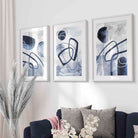 Abstract Navy Blue Shapes Set of 3 Framed Wall Art Prints | Artze Wall Art UK