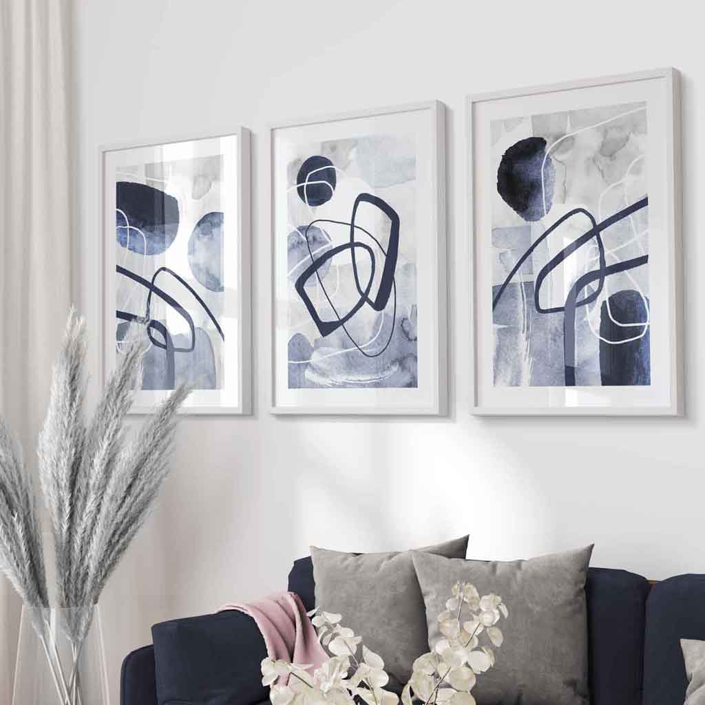 Abstract Navy Blue Shapes Set of 3 Framed Wall Art Prints | Artze Wall Art UK