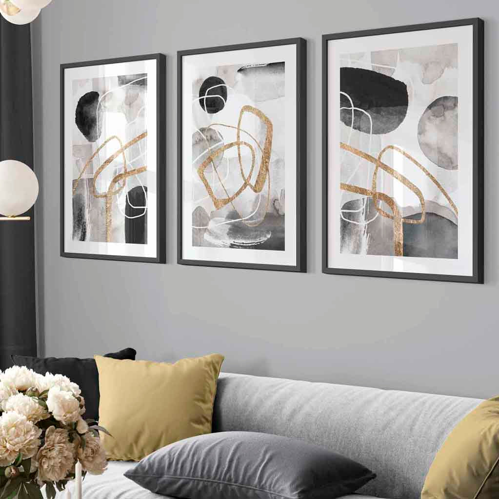 Abstract Black Grey & Gold Shapes Set of 3 Framed Wall Art Prints | Artze Wall Art UK