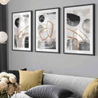 Abstract Black Grey & Gold Shapes Set of 3 Framed Wall Art Prints | Artze Wall Art UK