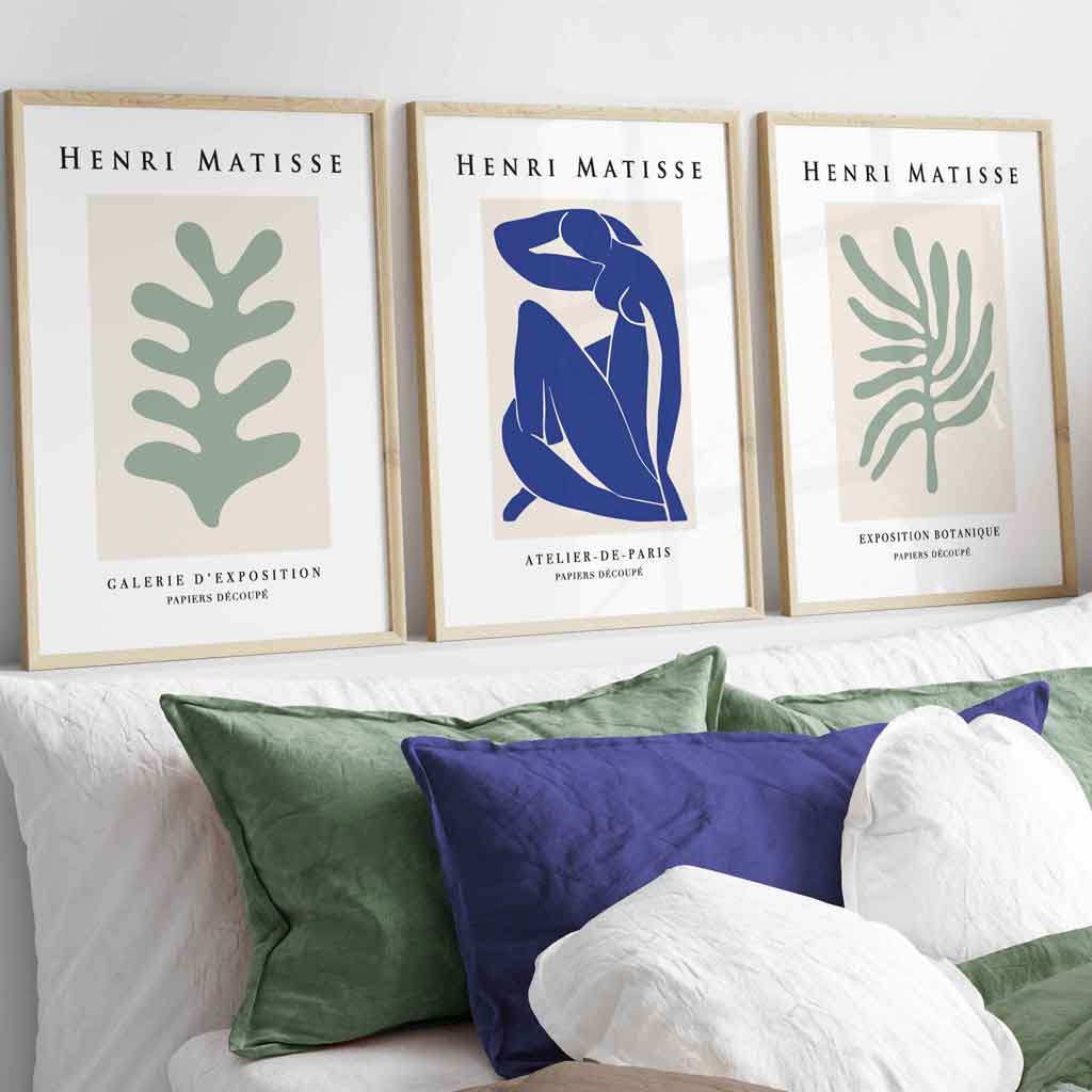 Set of 3 Framed Wall Art Prints Matisse Botanical Shapes with Nude in Green & Blue | Artze Wall Art UK